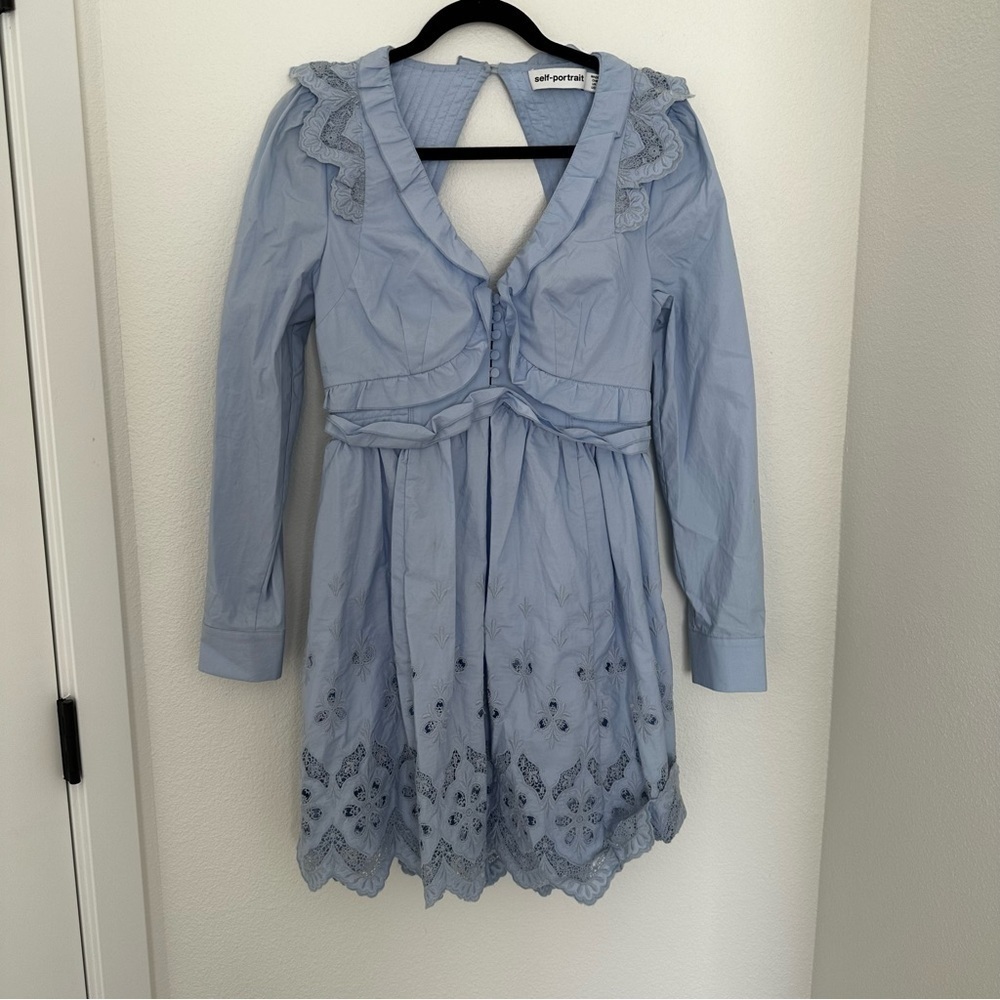 Self-Portrait Cotton Broderie Mini Dress Light Blue Open Back Size 6 Women’s - Picture 3 of 14